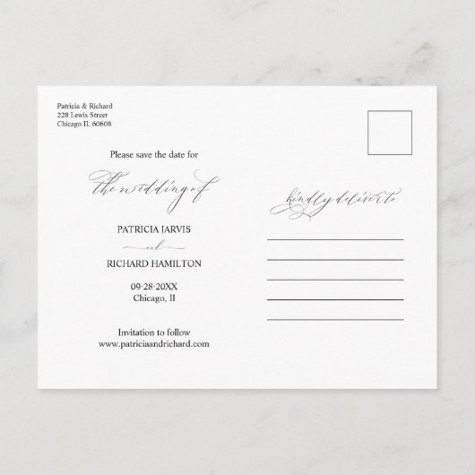 Moderne, stilvolle Hochzeit spart das Date-Foto Postkarte (Rückseite)