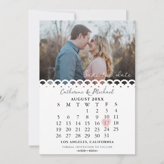 Moderne, stilvolle Lace Simple Foto Date Calendar Save The Date (Vorderseite)