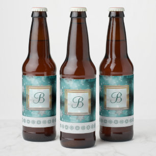 Moderne, stilvolle Monogram-Muster   SchneeParty 3 Bierflaschenetikett
