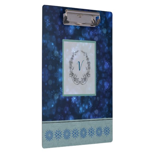 Moderne, stilvolle Monogram Muster Winterschneeflo Klemmbrett (Rechts)