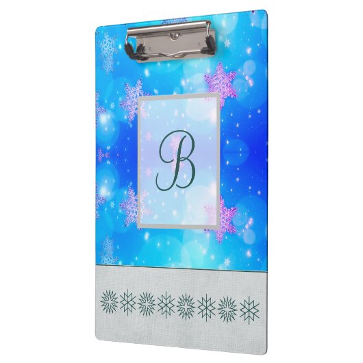 Moderne, stilvolle Monogram Muster Winterschneeflo Klemmbrett (Links)
