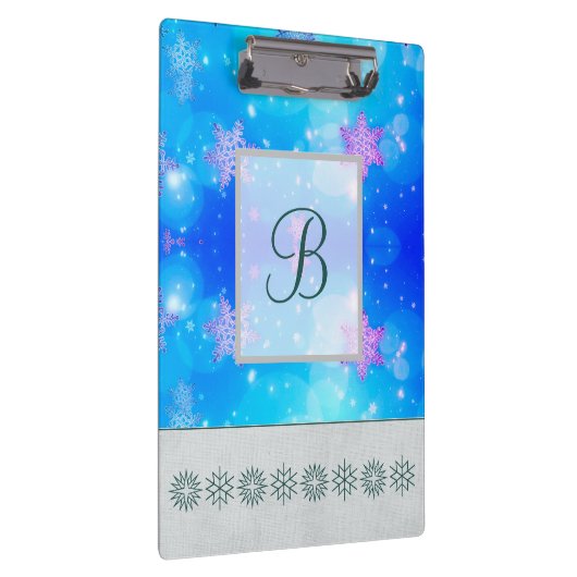 Moderne, stilvolle Monogram Muster Winterschneeflo Klemmbrett (Rechts)