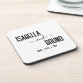 Moderne, stilvolle Personalisierte Schwarz-Text-Ho Getränkeuntersetzer (Linke Seite)