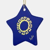 Moderne, stilvolle Sonne auf königsblau Keramik Ornament (Links)