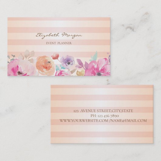 Moderne, stilvolle Stripte Wasserfarben-Blume Visitenkarte (Vorne/Hinten)