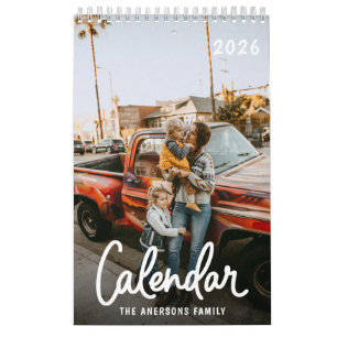 Moderne stilvolle trendige Skript-Familienfoto-Mon Kalender