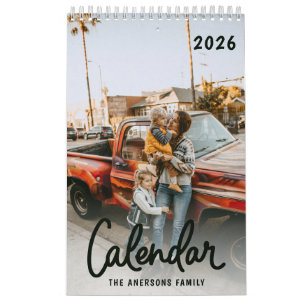 Moderne stilvolle trendige Skript-Familienfoto-Mon Kalender