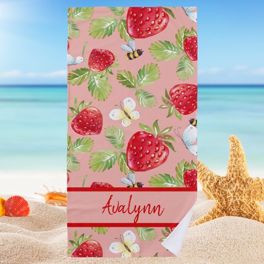 Moderne, stilvolle Trendy Girly Strawberry & Bee Strandtuch