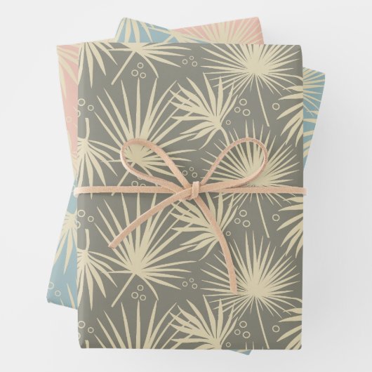Moderne, stilvolle Tropical Palm Leaf Gray Blue Ro Geschenkpapier Set (Beispiel)