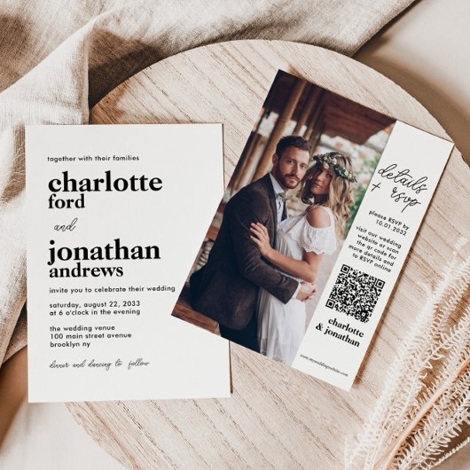 Moderne, stilvolle Typografie QR Code Foto Wedding Einladung