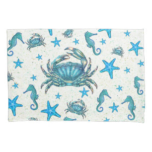 Moderne Strand Blaue Krabbe Seestern Seepferdchen  Kissenbezug