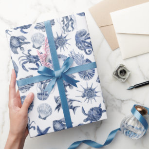 Moderne Strand-Küsten-Wasserfarben-Hochzeit Blau Geschenkpapier