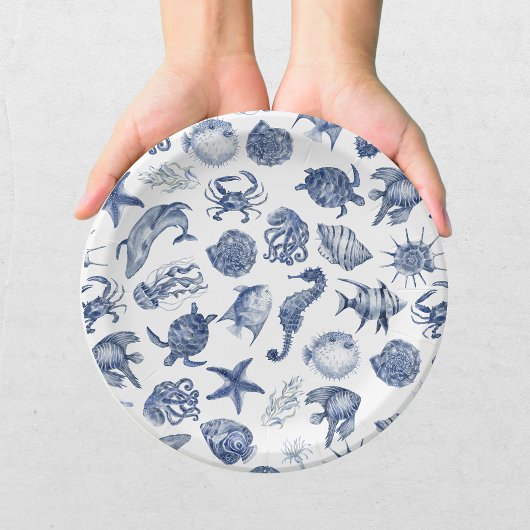 Moderne Strand Küstenwasserfarbe Hochzeit Blau Pappteller
