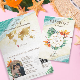 Moderne Strand-Ziel-Hochzeit Reisepass QR-Code Einladung
