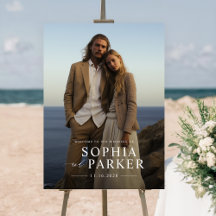 Moderne Strandhochzeit Begrüßungszeichen mit Foto