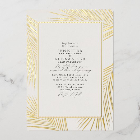 Moderne Strandküste & UAWG QR Code Hochzeit Gold Folieneinladung (Vorderseite)