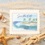 Moderne Strandschrift für den tropischen Ozean Sav Ankündigungspostkarte<br><div class="desc">Moderne Tropical Ocean Beach Script Ankündigung Datum freihalten Wedding Postcard - Ankündigen Sie Ihren Hochzeitstag mit unserer stilvollen Aquareller Beach Einladung Ankündigung mit einer wunderschönen tropischen Wasserfarbenwelt. Ein warmer Sandstrand mit türkisblauem Wasser und Palmen, die mit Lichtern mit der modernen Schrift Typografie geschmückt sind. Save the Date ist Teil einer...</div>