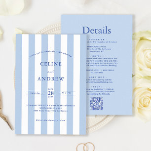 Moderne Streifen blassblaue Hochzeitdetails QR Cod Einladung