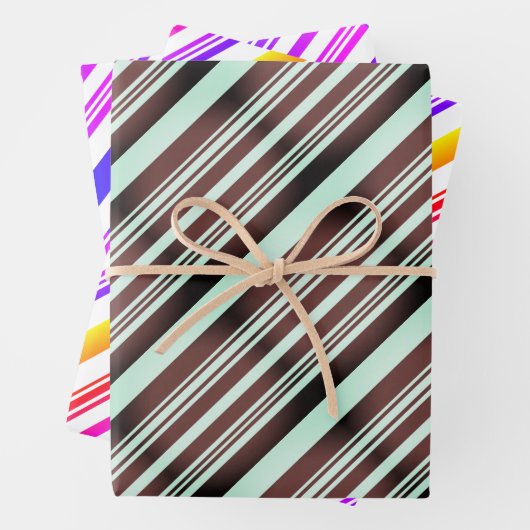 Moderne Streifen blau-braun-rosa lila-gelb Geschenkpapier Set (Beispiel)