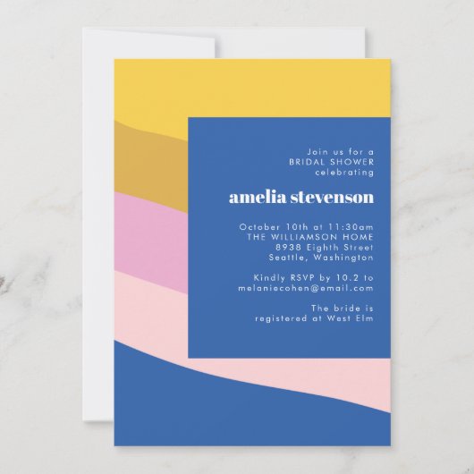 Moderne Streifen Blau Gelbes Brautparty Einladung (Vorderseite)