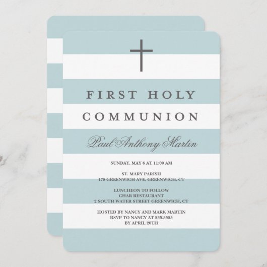 Moderne Streifen Erste Kommunionierung Blau Einladung (Vorne/Hinten)