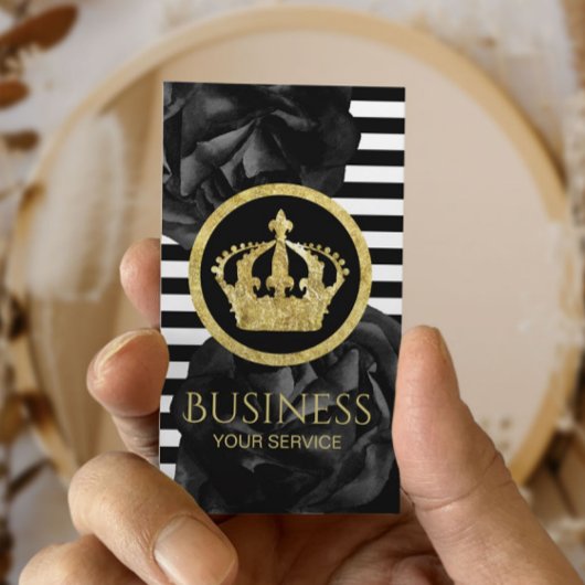 Moderne Streifen Gold Crown Logo Schwarze Blüte Visitenkarte