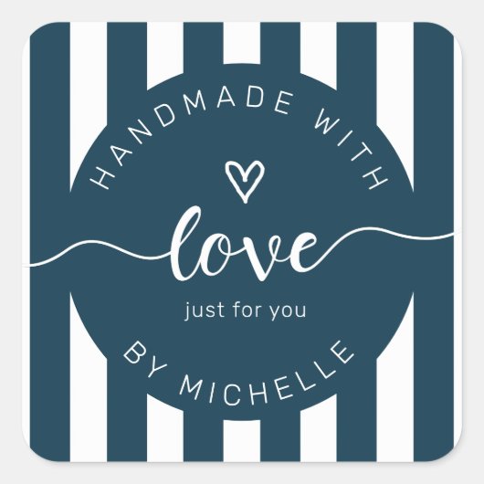 moderne Streifen handgefertigt mit Liebe Monogramm Quadratischer Aufkleber (Vorderseite)