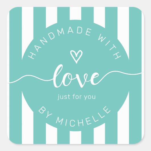 moderne Streifen handgefertigt mit Liebe Monogramm Quadratischer Aufkleber (Vorderseite)