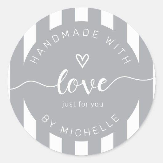moderne Streifen handgefertigt mit Liebe Monogramm Runder Aufkleber (Vorderseite)