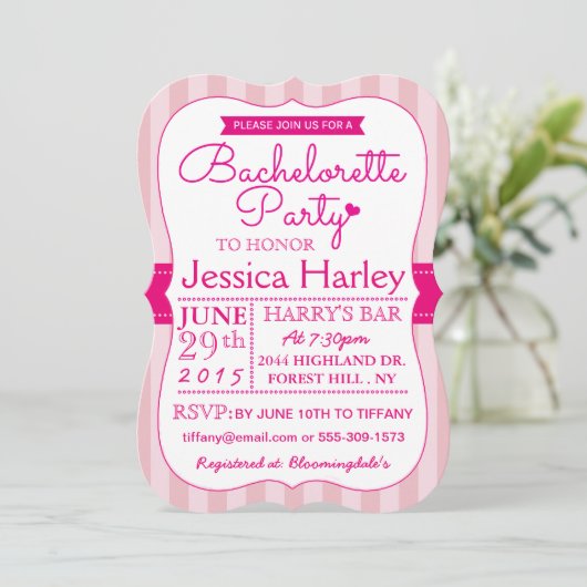 Moderne Streifen Hot Pink Junggeselinnen-Abschied Einladung (Stehend Vorderseite)