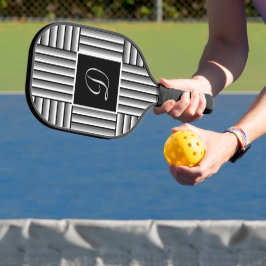 Moderne Streifen in Schwarz, Weiß und Grau - Monog Pickleball Schläger