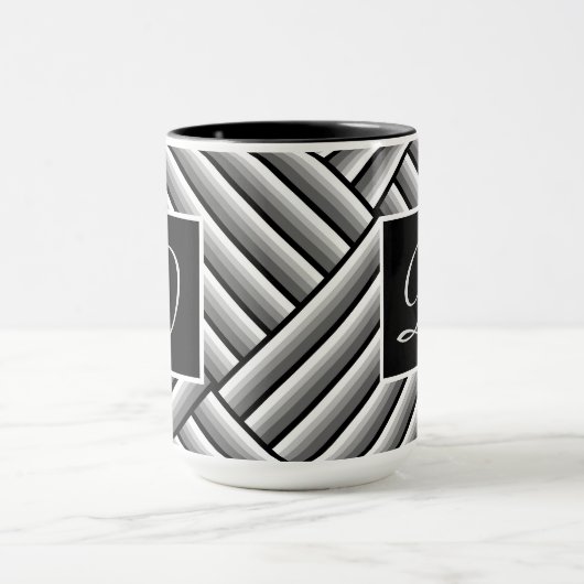 Moderne Streifen in Schwarz, Weiß und Grau - Monog Tasse (Zentrum)