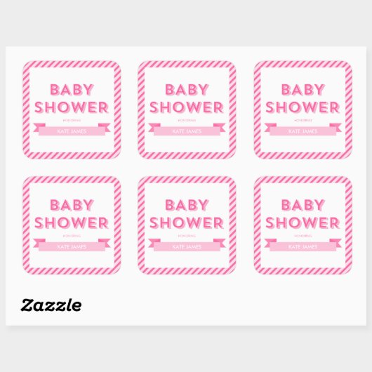 Moderne Streifen Pink Babydusche Quadratischer Aufkleber (Blatt)