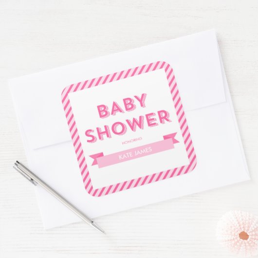 Moderne Streifen Pink Babydusche Quadratischer Aufkleber (Umschlag)