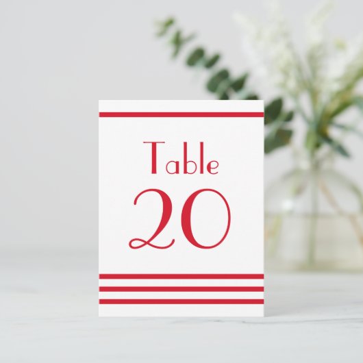 Moderne Streifen-Tischnummern (rot) Postkarte (Stehend Vorderseite)