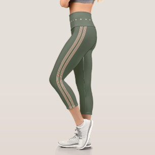 Moderne Streifen Yoga Fitnessstudio Moosgrün Capri Leggings