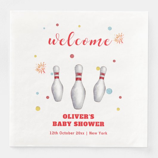 Moderne Strike Up Bowling Baby Shower Begrüßung Serviette (Vorderseite)