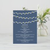 Moderne String Lights, Gelb & Weiß Wedding Menükarte (Stehend Vorderseite)