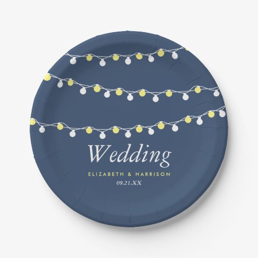 Moderne String Lights, Gelb & Weiß Wedding Pappteller (Vorderseite)