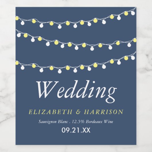 Moderne String Lights, Gelb & Weiß Wedding Weinetikett (Einzelnes Label)