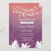 Moderne String Lights & Palm Trees Sweet 16 Einladung (Vorne/Hinten)