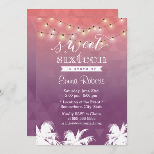 Moderne String Lights & Palm Trees Sweet 16 Einladung (Vorne/Hinten)