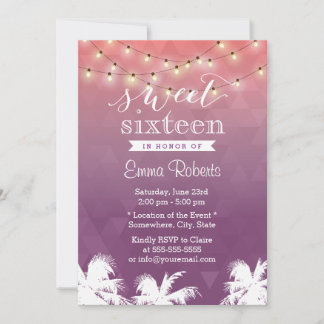 Moderne String Lights & Palm Trees Sweet 16 Einladung