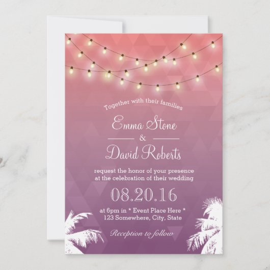 Moderne String Lights & Palm Trees Wedding Einladung (Vorderseite)