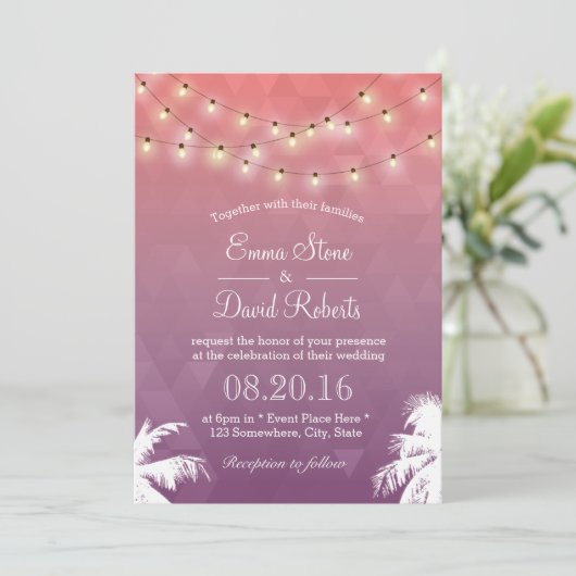 Moderne String Lights & Palm Trees Wedding Einladung (Stehend Vorderseite)
