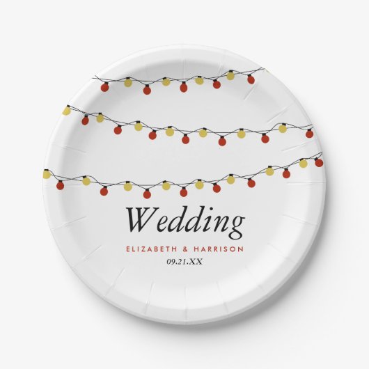 Moderne String Lights, Red & Gold Wedding Pappteller (Vorderseite)