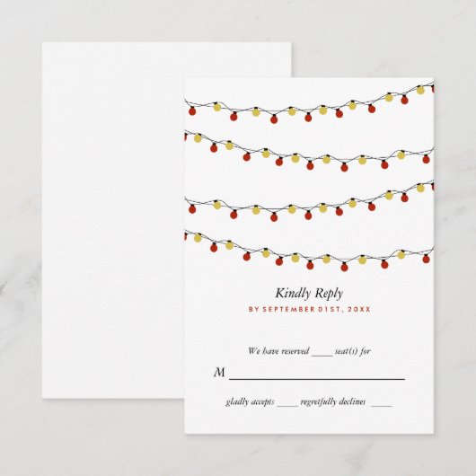 Moderne String Lights, Red & Gold Wedding RSVP Karte (Vorne/Hinten)