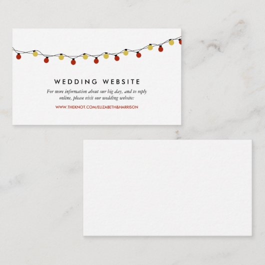 Moderne String Lights, Red & Gold Wedding Website Begleitkarte (Vorne/Hinten)