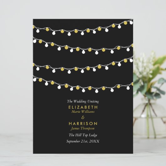 Moderne String Lights, White & Gold Wedding Programm (Stehend Vorderseite)