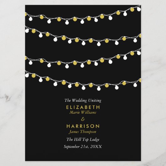 Moderne String Lights, White & Gold Wedding Programm (Vorderseite)